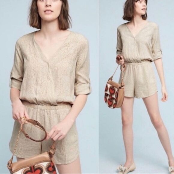 Cloth & Stone Size XS Tan Beige Long Sleeve Snake Print Linen Blend Boho Romper - Picture 2 of 11